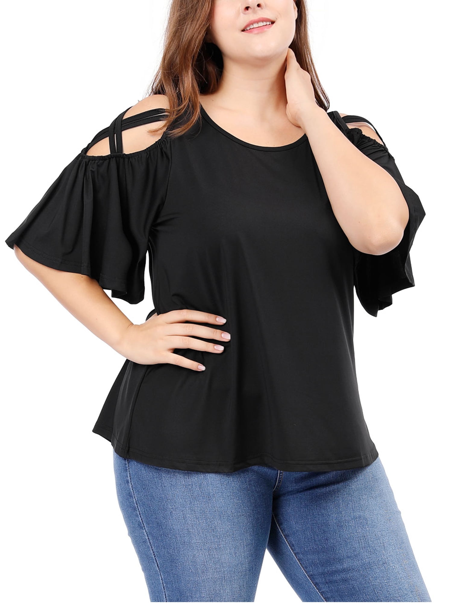 Unique Bargains Juniors' Plus Size Strappy Shoulder Trumpet Sleeves Top 3X Black