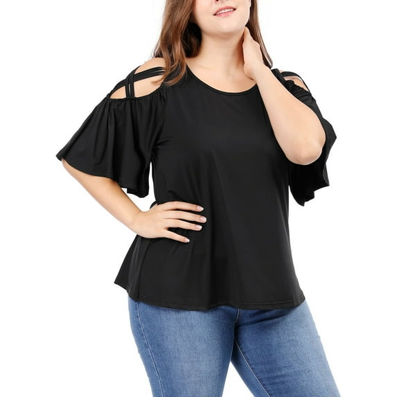 Unique Bargains Juniors' Plus Size Strappy Shoulder Trumpet Sleeves Top 4X Black