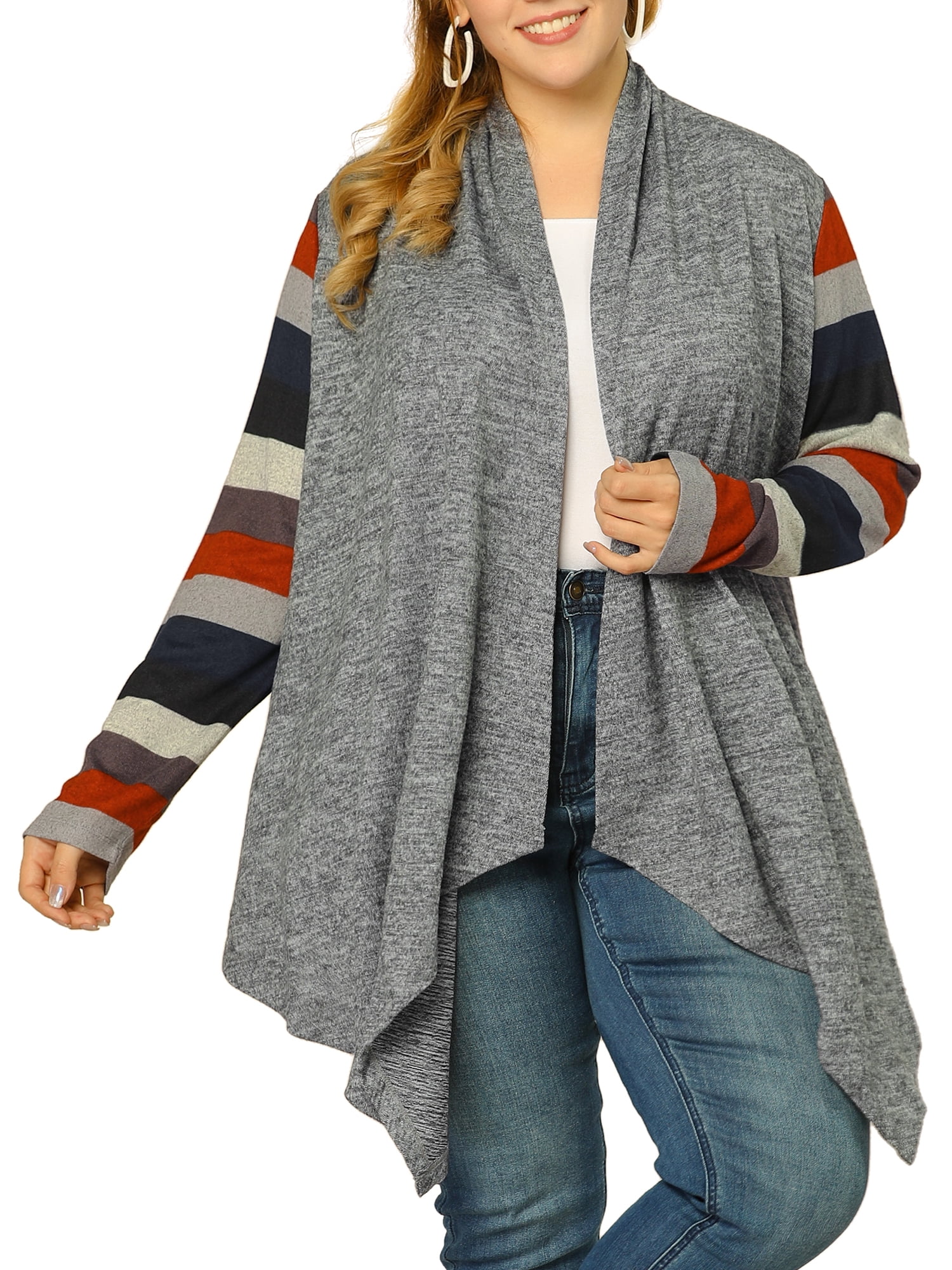 Unique Bargains Juniors' Plus Size Stripe Print Open Front Knit Long Sleeve Cardigan Gray 3X