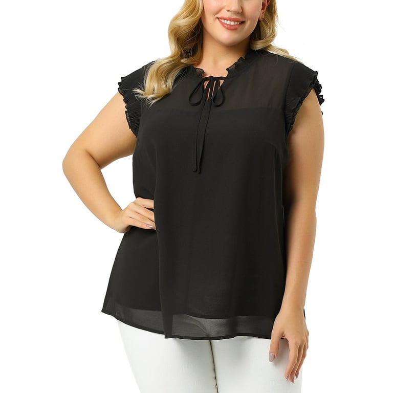 Unique Bargains Juniors' Plus Size Tie Neck Semi-sheer Layered