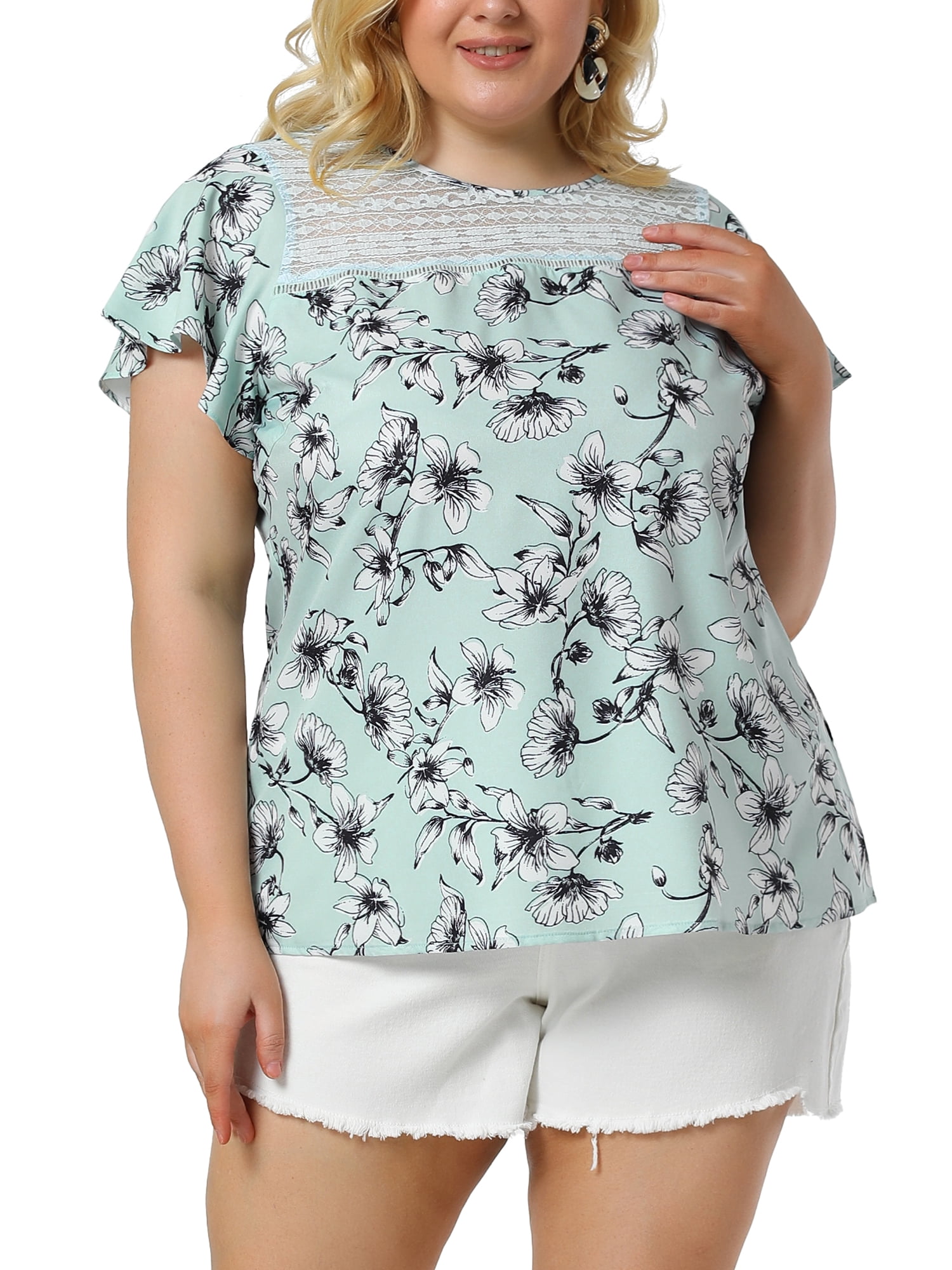 Unique Bargains Juniors' Plus Size Top Floral Lace Panel Keyhole Back Flare Sleeve Blouse Lake Blue 4X