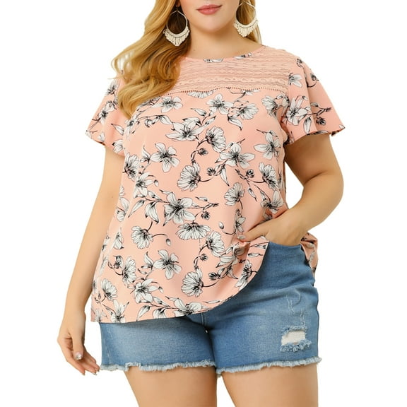 Unique Bargains Juniors' Plus Size Top Floral Lace Panel Keyhole Back Flare Sleeve Blouse Pink 2X