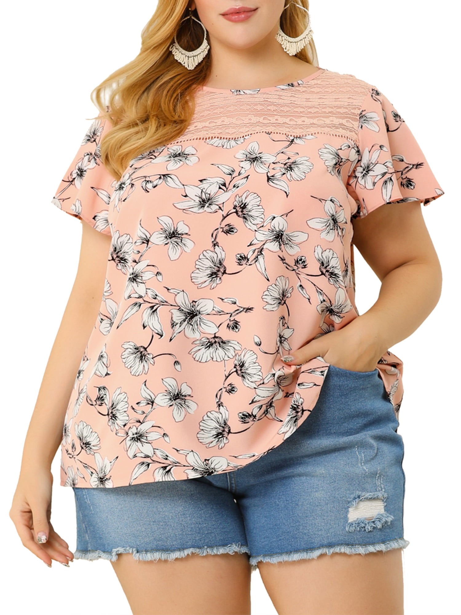 Unique Bargains Juniors' Plus Size Top Floral Lace Panel Keyhole Back Flare Sleeve Blouse Pink 4X