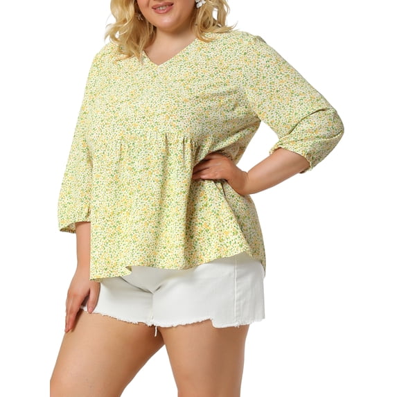 Unique Bargains Juniors' Plus Size Tops Floral Ruffle Flowy Peplum Top Light Yellow 2X