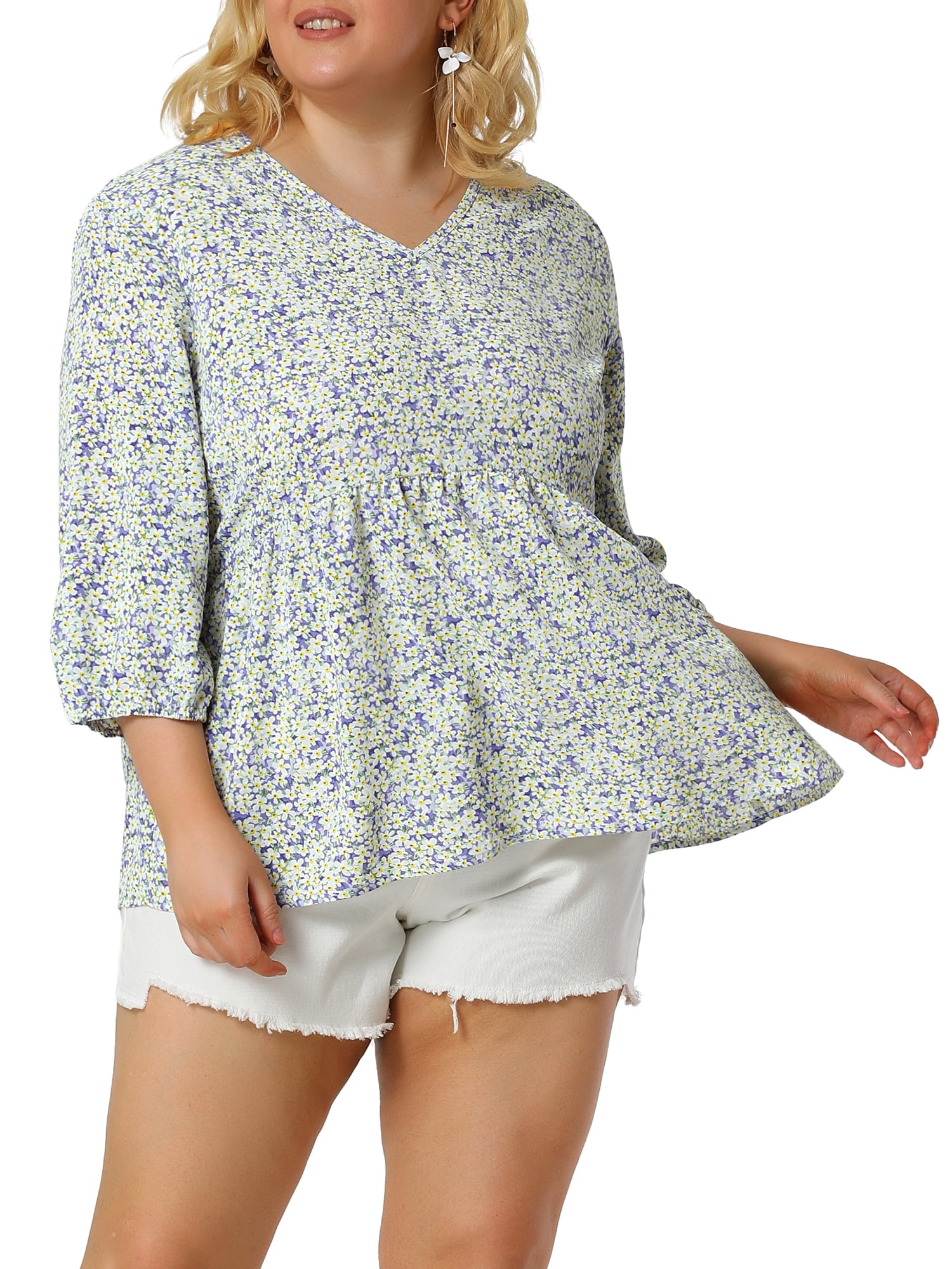 Unique Bargains Juniors' Plus Size Tops Floral Ruffle Flowy Peplum Top Lavender 4X