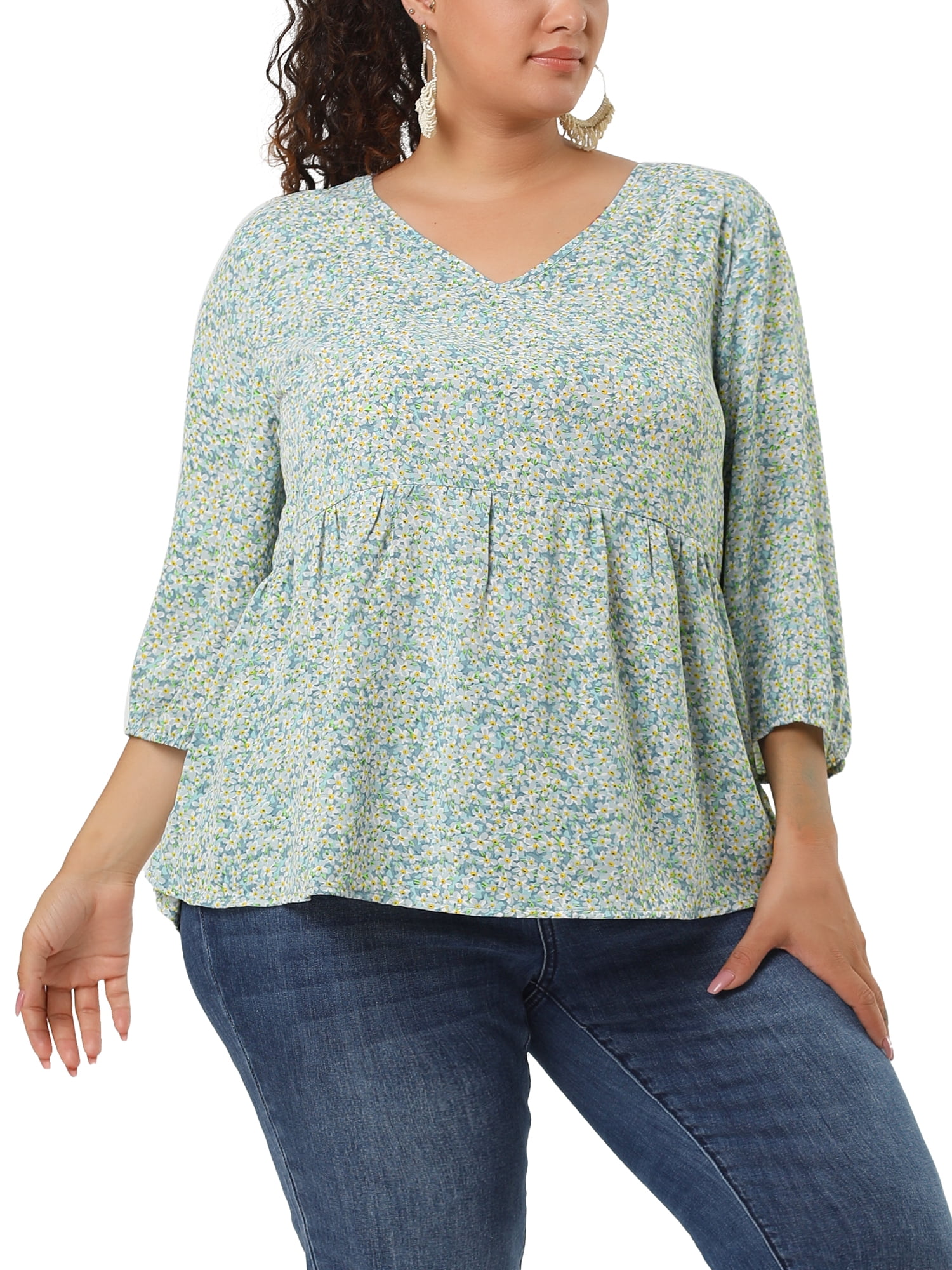 Unique Bargains Juniors' Plus Size Tops Floral Ruffle Flowy Peplum Top Light Blue 4X