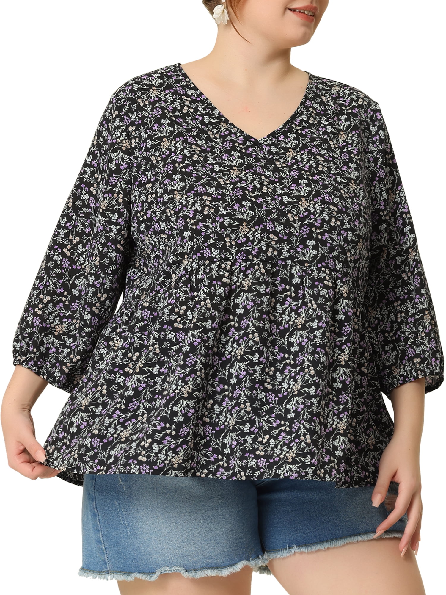 Unique Bargains Juniors' Plus Size Tops Floral Ruffle Flowy Peplum Top Black 4X
