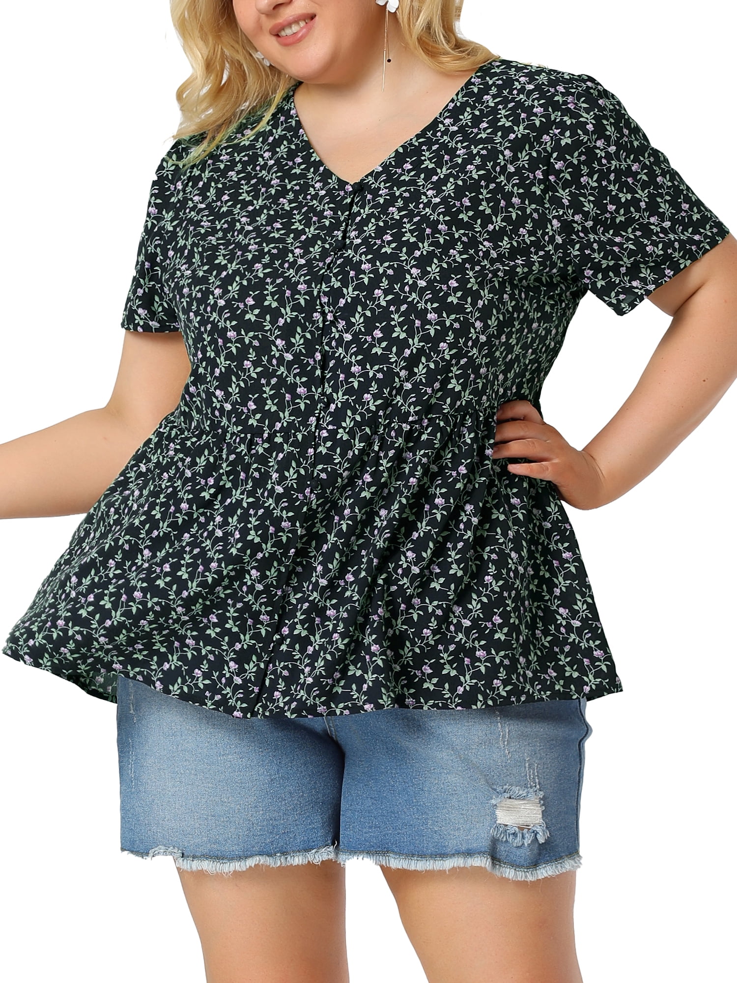 Unique Bargains Juniors' Plus Size V Neck Ruffle Hem Cinched Waist Floral Peplum Top 1X Navy