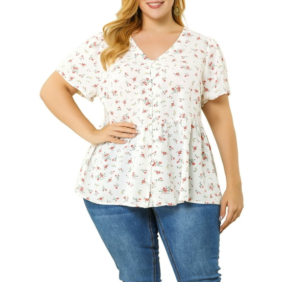 Unique Bargains Juniors' Plus Size V Neck Ruffle Hem Cinched Waist Floral Peplum Top 1X White