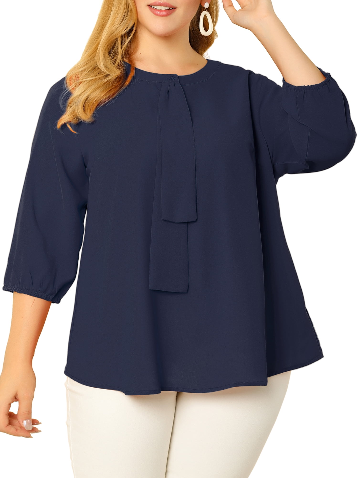 Unique Bargains Juniors' Plus Size Work Round Neck Ruffle Chiffon Blouse Top Navy Blue 2X