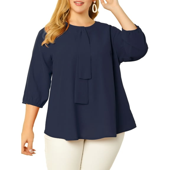 Unique Bargains Juniors' Plus Size Work Round Neck Ruffle Chiffon Blouse Top Navy Blue 4X