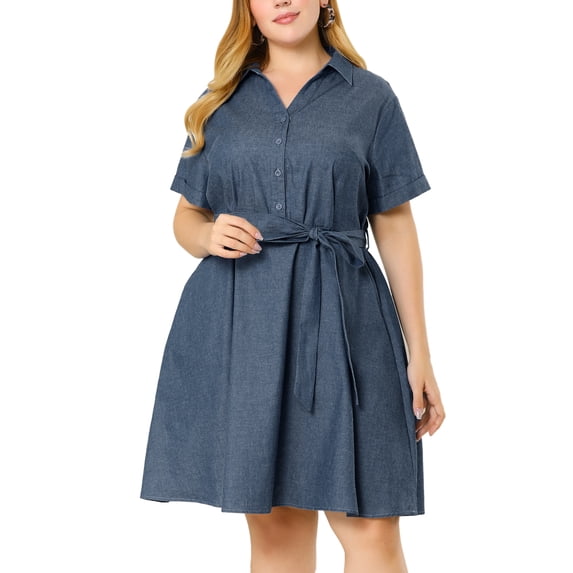 Unique Bargains Juniors' Plus Size Wrap Belted High Waist Chambray Dress 2X Dark Blue