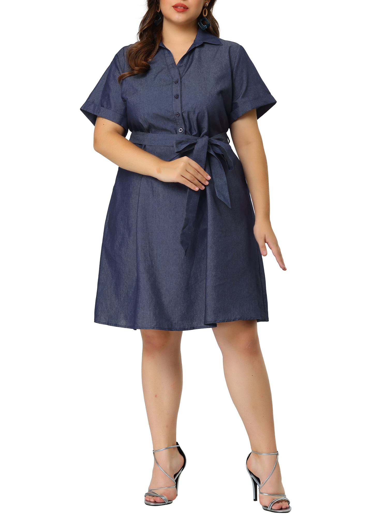 Unique Bargains Juniors' Plus Size Wrap Belted High Waist Chambray Dress 3X Black Blue