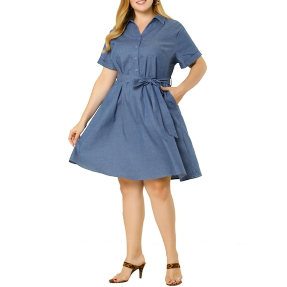 Unique Bargains Juniors' Plus Size Wrap Belted High Waist Chambray Dress 4X Blue