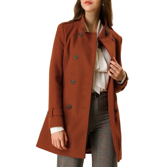 Unique Bargains Juniors Stand Collar Double Breasted Mid Length Trenchcoat Outerwear Coats XS Brown