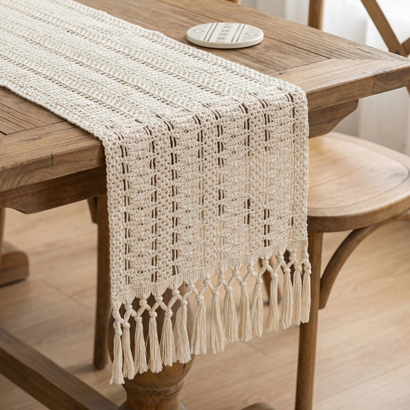 Unique Bargains Kitchen Durable Decor Table Runner with Tassel Large Hollow 11.8" x 63"