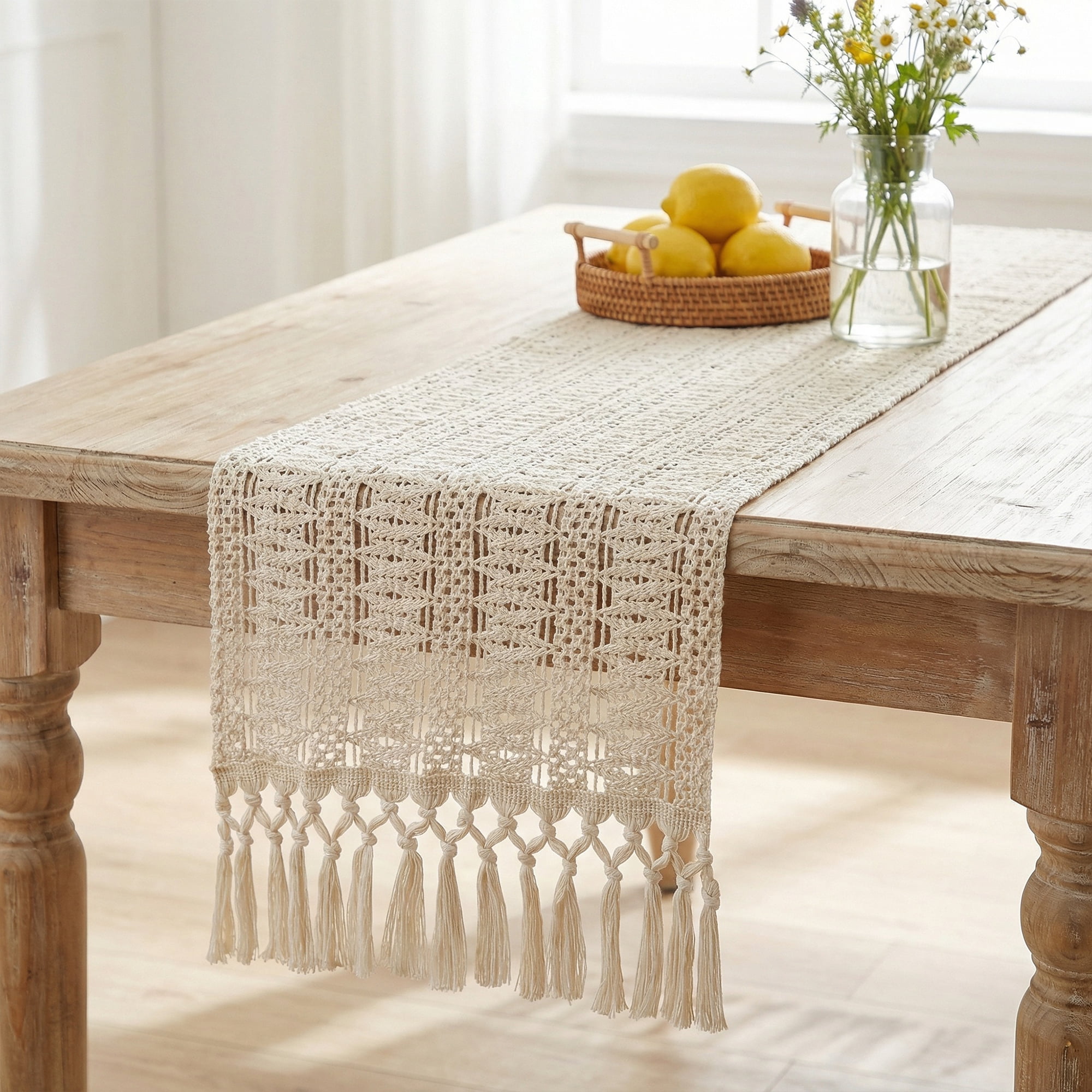 Unique Bargains Kitchen Decor Table Runner with Tassel Large Hollow 11.8x70.9in