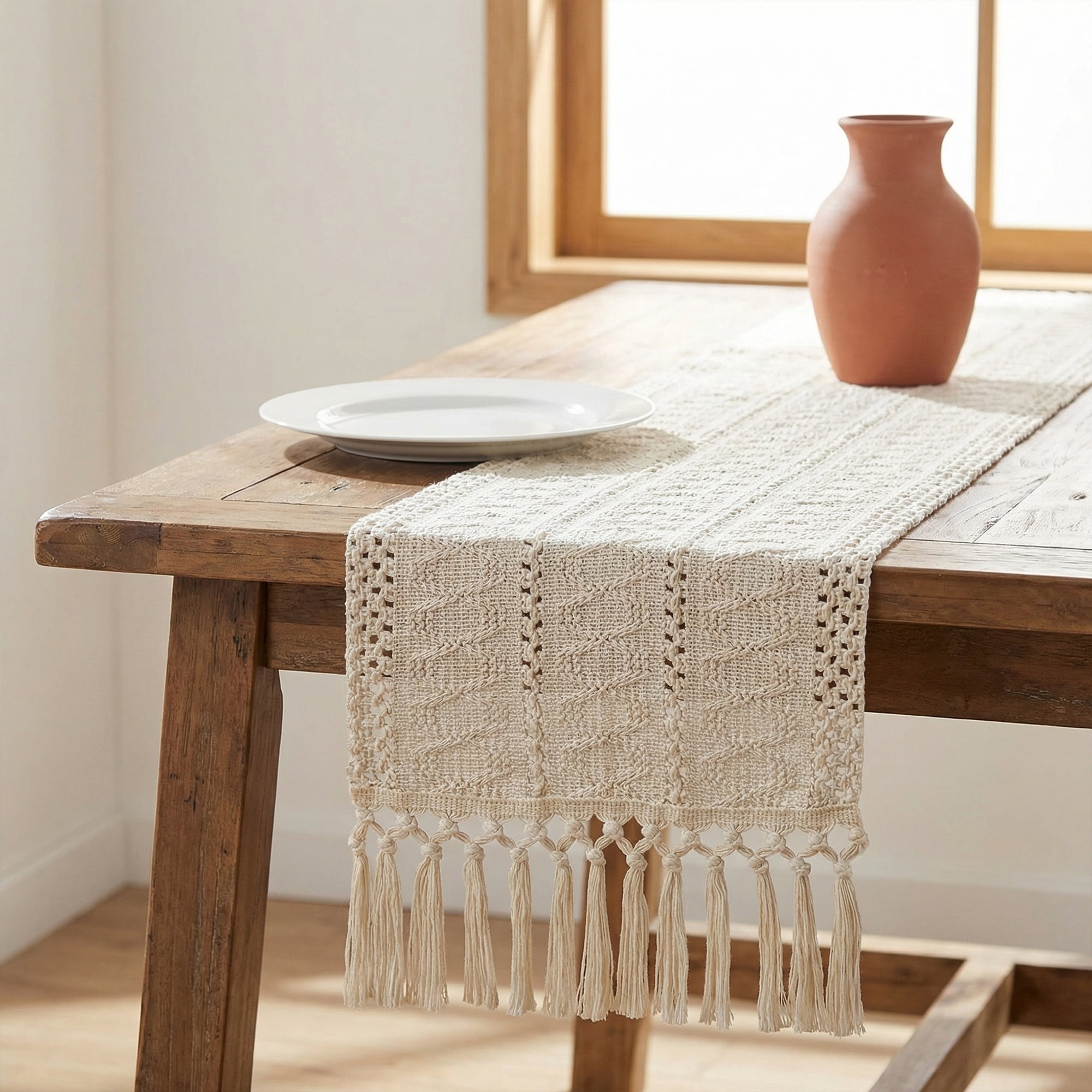 Unique Bargains Kitchen Decor Table Runner with Tassel Three hollowed 11.8x63in