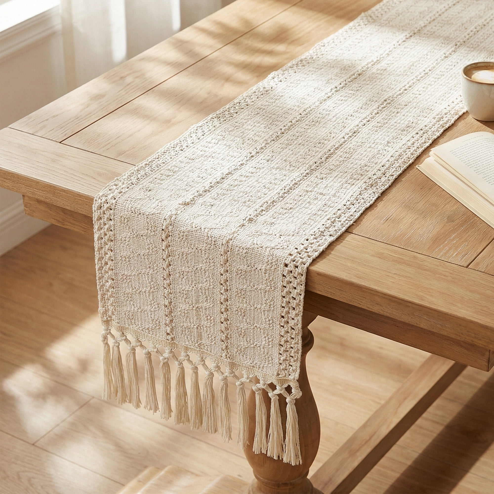 Unique Bargains Kitchen Decor Table Runner with Tassel Three hollowed 11.8x70.9in