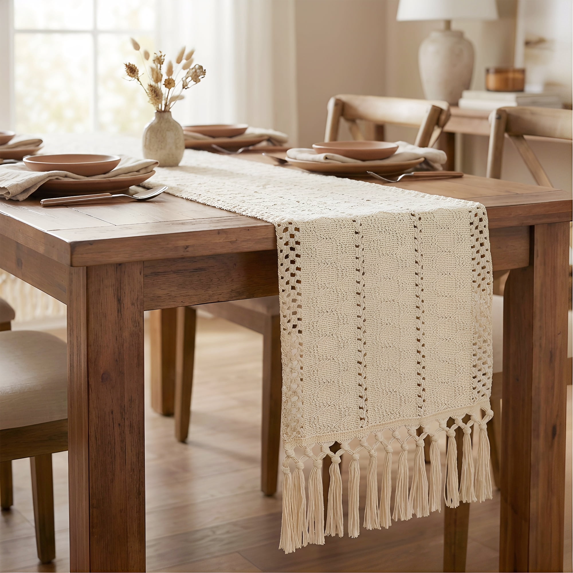 Unique Bargains Kitchen Decor Table Runner with Tassel Three hollowed 11.8x78.7in