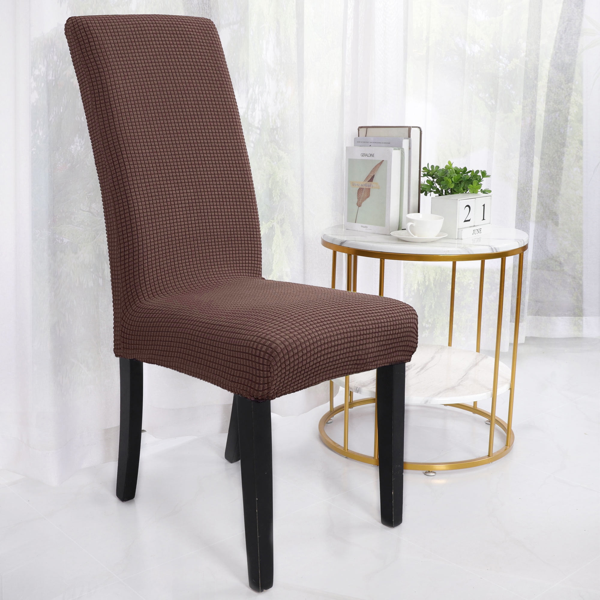 Unique Bargains Knit Spandex Seat Cover for Dining Chair Slipcovers Coffee Color