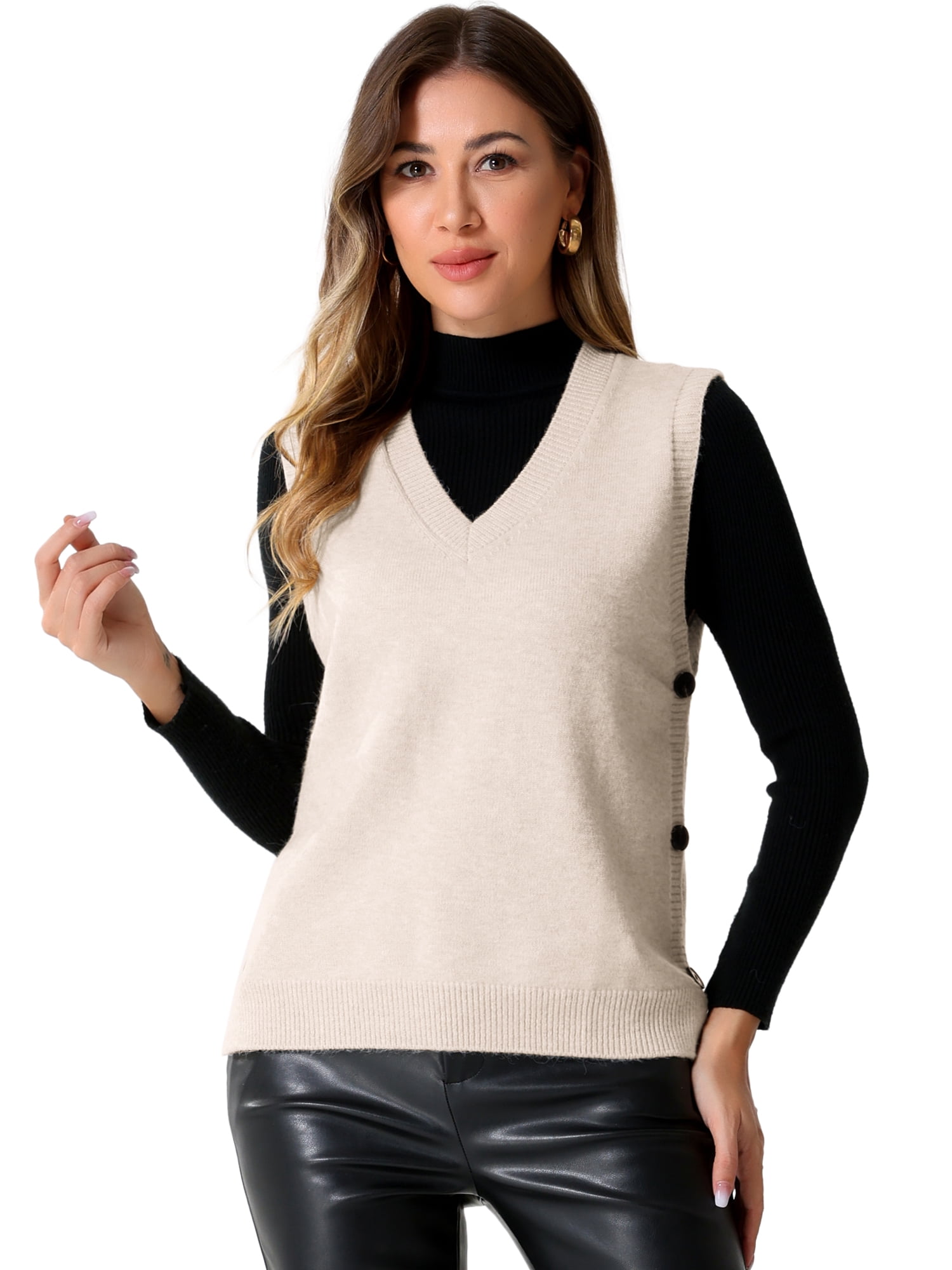 DARING DIVA Knit Sweater Vest Sleeveless V Neck Pullover Vest L Beige