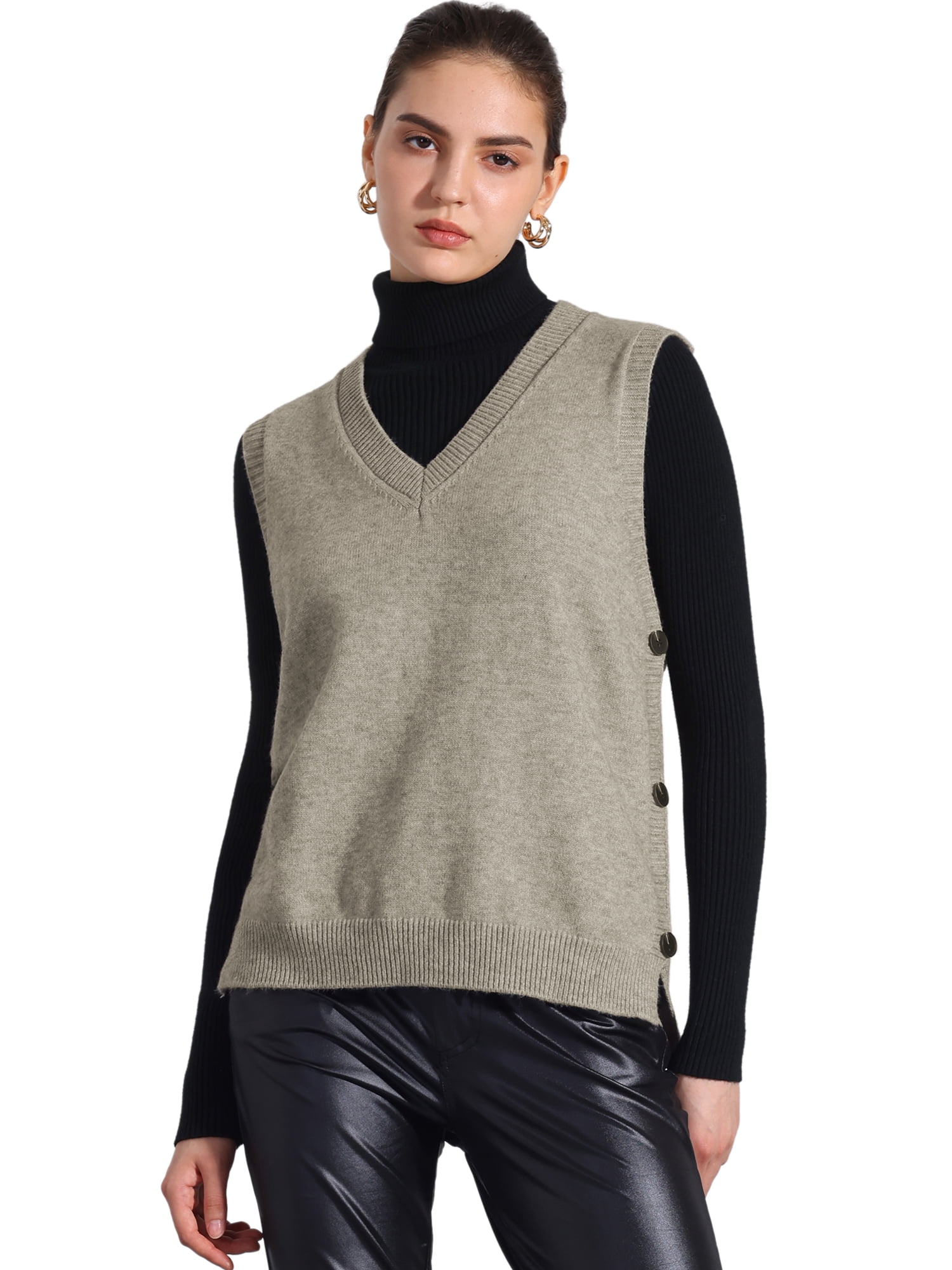 DARING DIVA Knit Sweater Vest Sleeveless V Neck Pullover Vest S Khaki