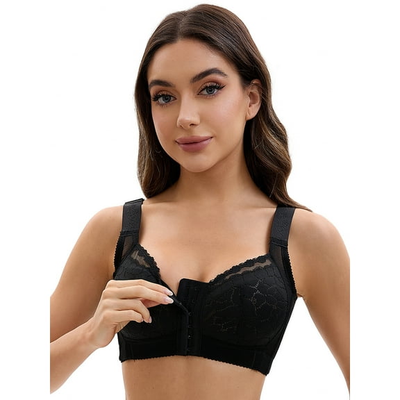Unique Bargains Lace Front Closure Full Coverage Wirefree Bras C 36 Black
