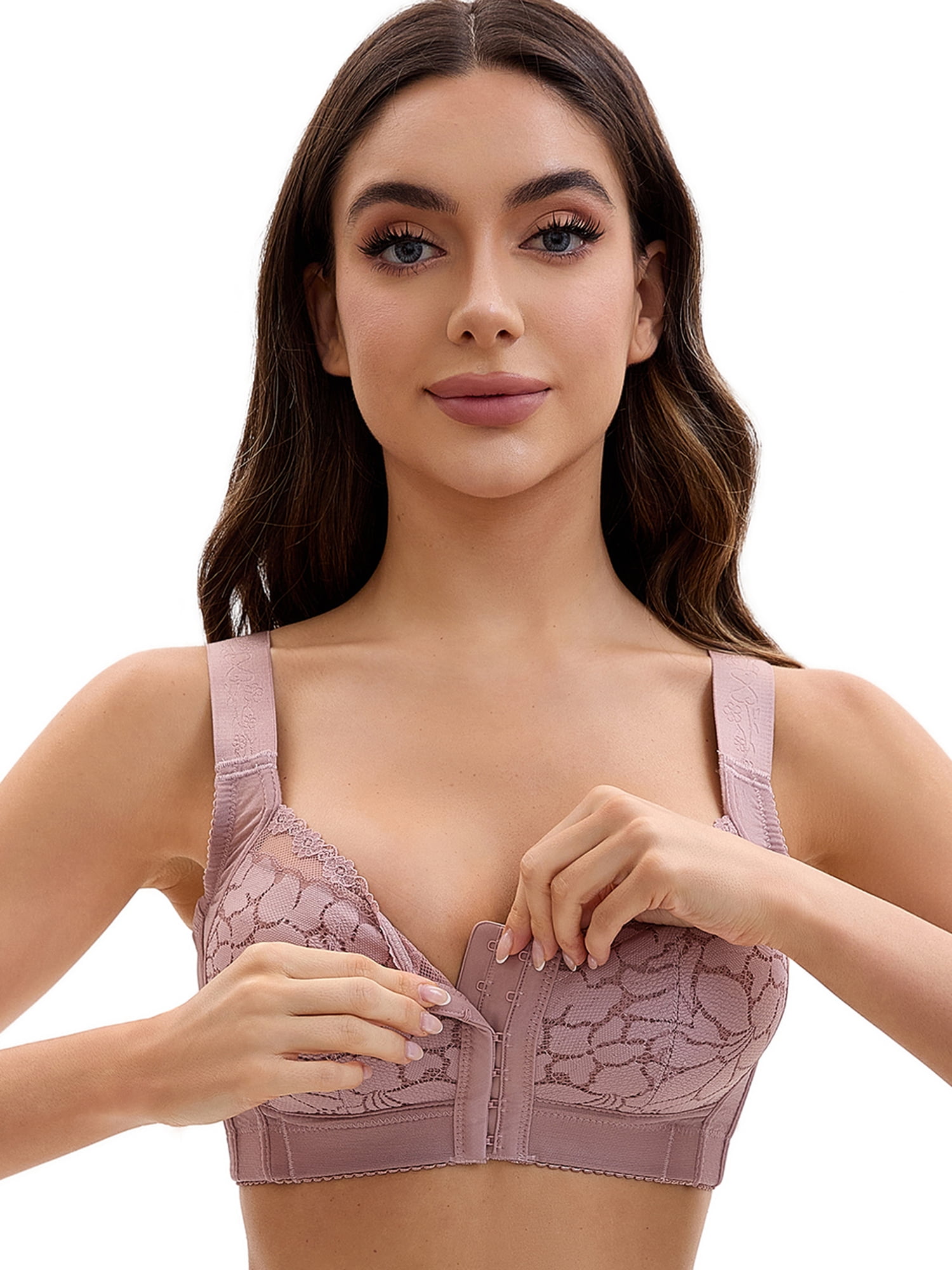 Unique Bargains Lace Front Closure Full Coverage Wirefree Bras E 42 Dusty Pink