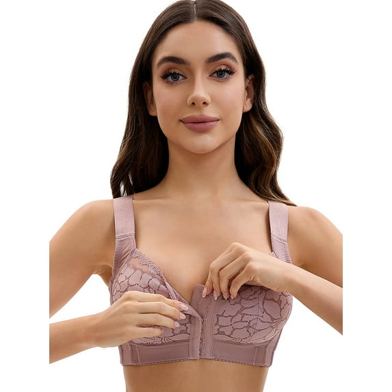 Unique Bargains Lace Front Closure Full Coverage Wirefree Bras E 44 Dusty Pink