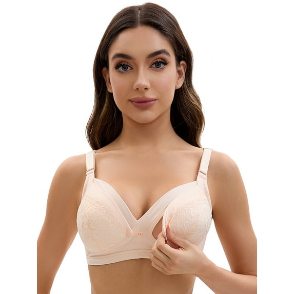 Unique Bargains Lace Front Closure Pumping Maternity Bra B 36 Beige