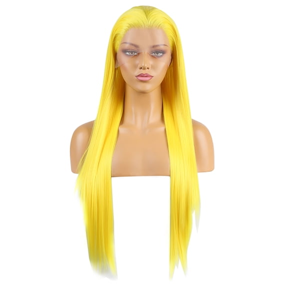 Unique Bargains Lace Front Wigs for Women 24" Yellow Long Straight Hair with Wig Cap Synthetic Fibre