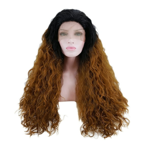 Unique Bargains Lace Front Wigs for Women 24" Black Gradient Matte Brown Long Water Wave with Wig Cap