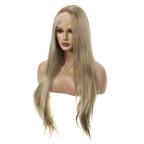 Unique Bargains Lace Front Wigs For Women 26" Gold Tone Long Straight Hair with Wig Cap
