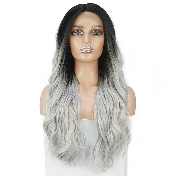 Unique Bargains Lace Front Wigs Long Body Wave for Women Lady Gradient Gray