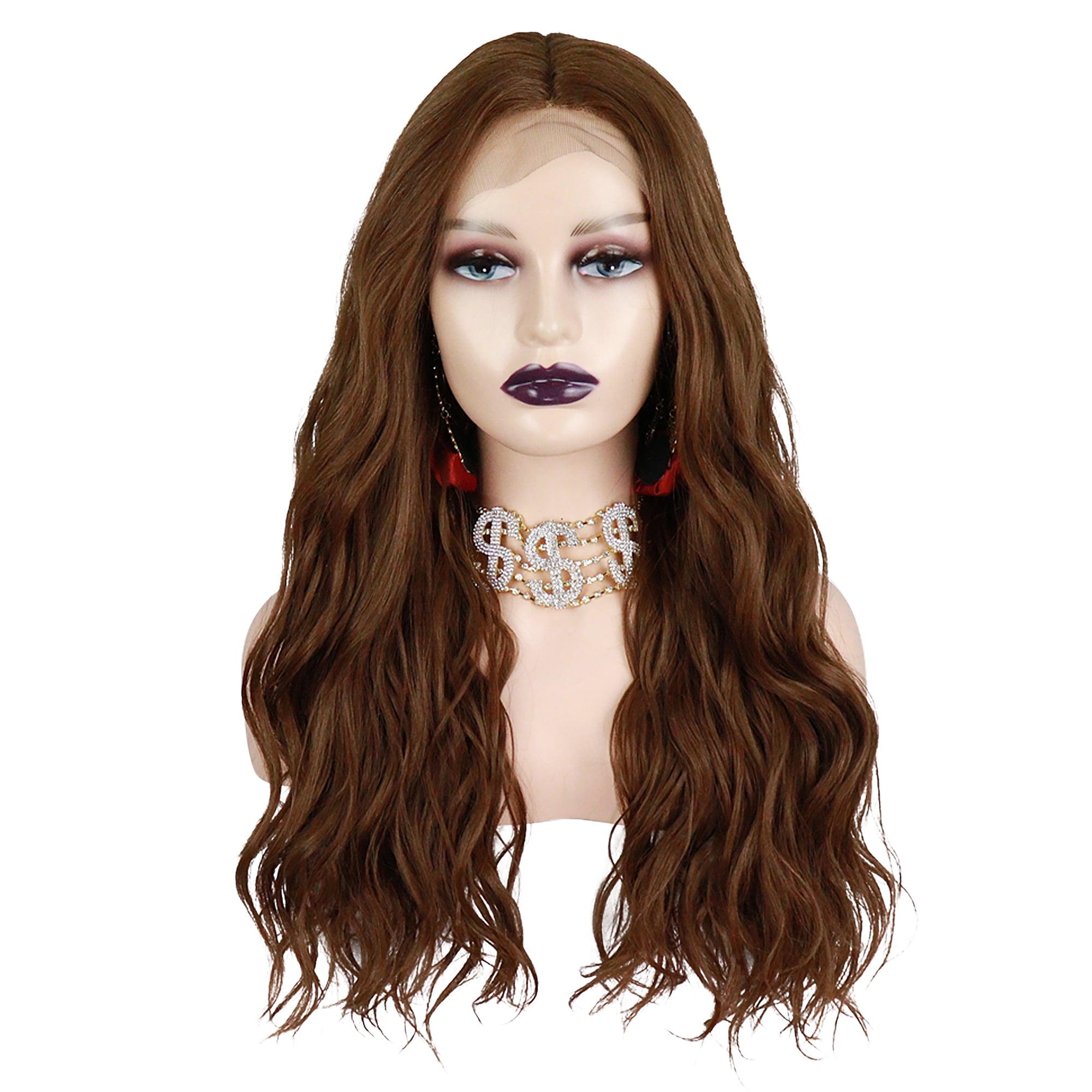 Unique Bargains Lace Front Wigs Long Body Wave with Comb Light Brown