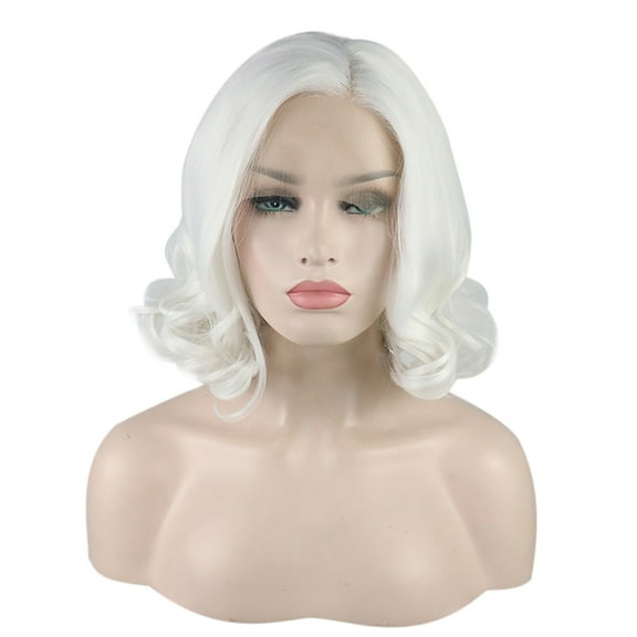 Unique Bargains 1pcs Lace Front Wigs for Women 14" White Medium Long Body Wave  with Wig Cap