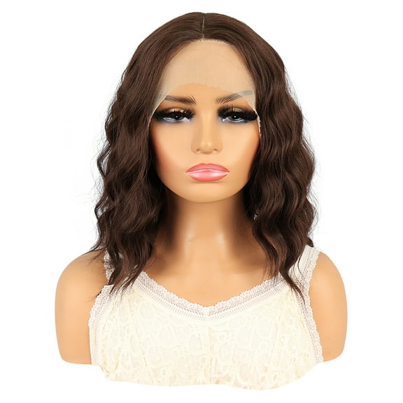 Unique Bargains Lace Front Wigs for Women 14" Dark Brown Medium Long Loose Wavy with Wig Cap