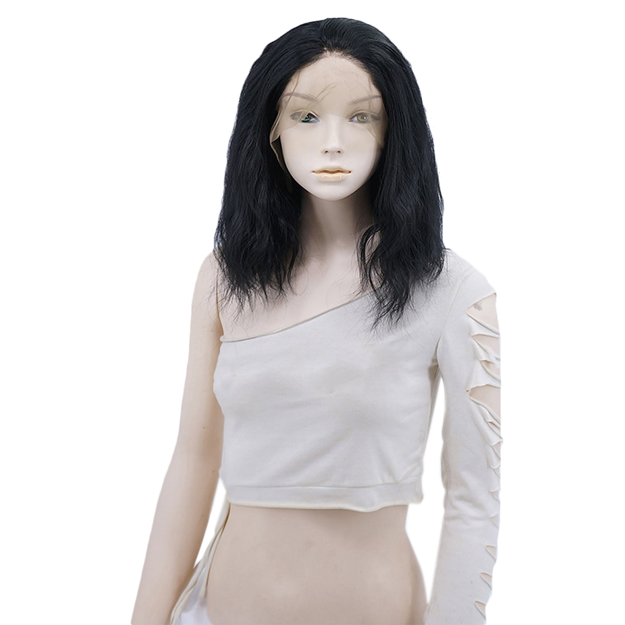 Unique Bargains Lace Front Wigs Medium Long Natural Curly for Lady Black 14" with Wig Cap