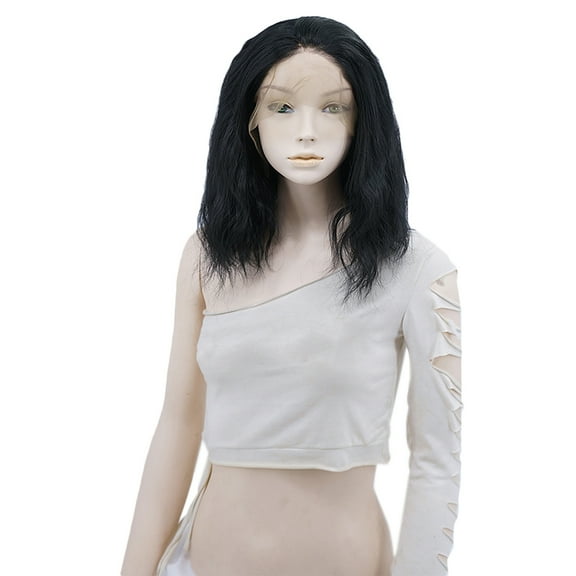 Unique Bargains Lace Front Wigs Medium Long Natural Curly for Lady Black 14" with Wig Cap