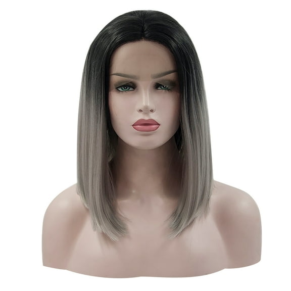 Unique Bargains Lace Front Wigs Medium Long Straight Bob for Women Lady Gray
