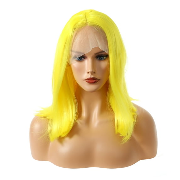Unique Bargains Lace Front Wigs Medium Long Straight Bob for women Yellow 14"