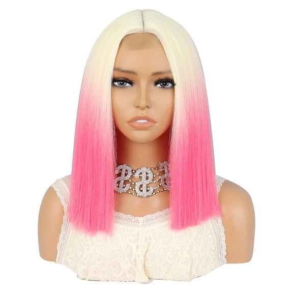 Unique Bargains Lace Front Wigs Medium Long Straight Hair for Women Lady Gradient Pink