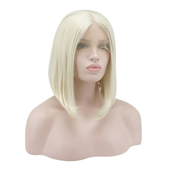 Unique Bargains Lace Front Wigs for Women 12" Beige Medium Long Straight Bob with Wig Cap