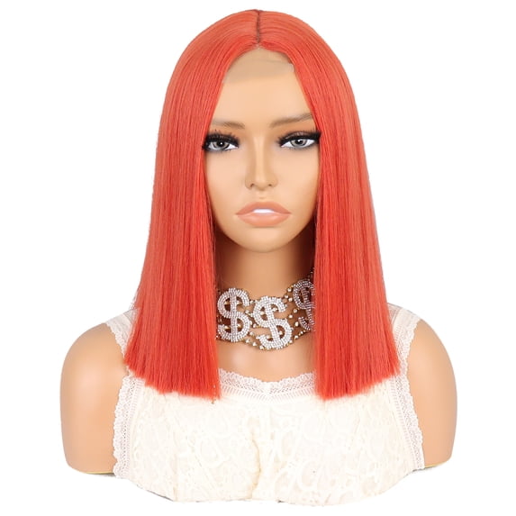 Unique Bargains Lace Front Wigs for Women 14" Orange Medium Long Straight Hair with Wig Cap