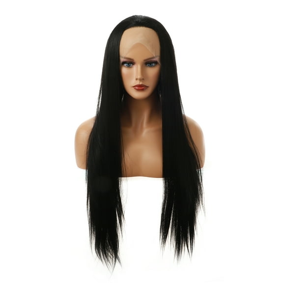 Unique Bargains Lace Front Wigs for Women 24" Black Long Straight Hair with Wig Cap Synthetic Fibre