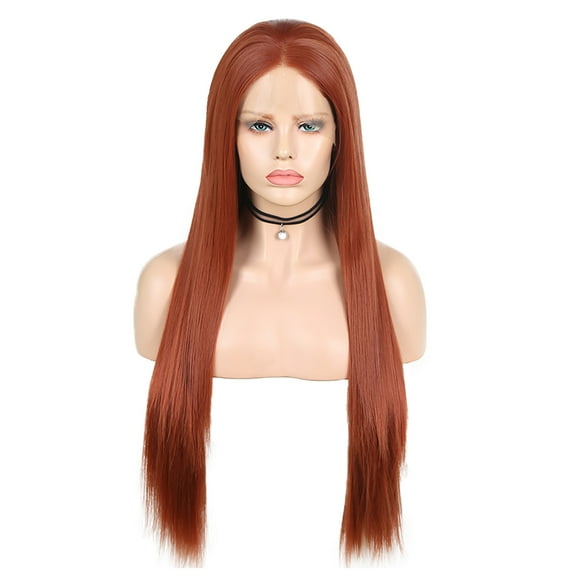 Unique Bargains Lace Front Wigs for Women 24" Brown Long Straight Hair with Wig Cap Synthetic Fibre