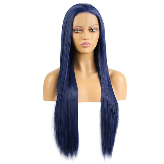 Unique Bargains Lace Front Wigs for Women 24" Dark Blue Long Straight Hair with Wig Cap