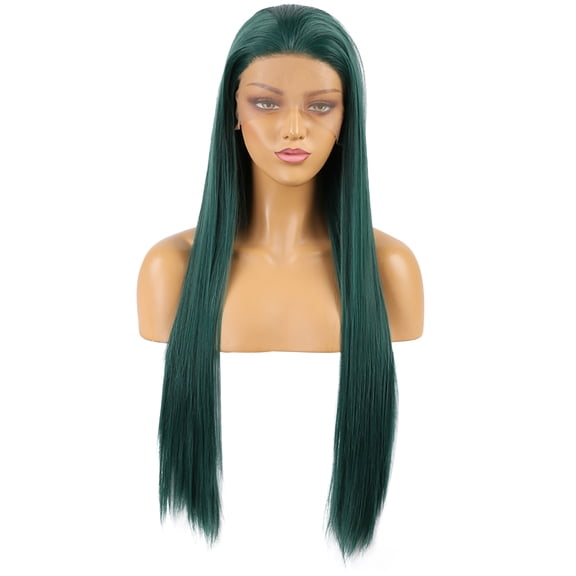 Unique Bargains Lace Front Wigs for Women 24" Dark Green Long Straight Hair with Wig Cap