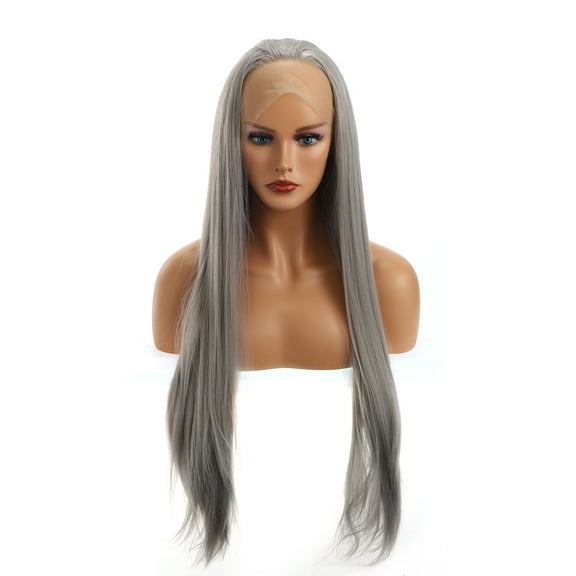 Unique Bargains Lace Front Wigs for Women 24" Gray Long Straight Hair with Wig Cap